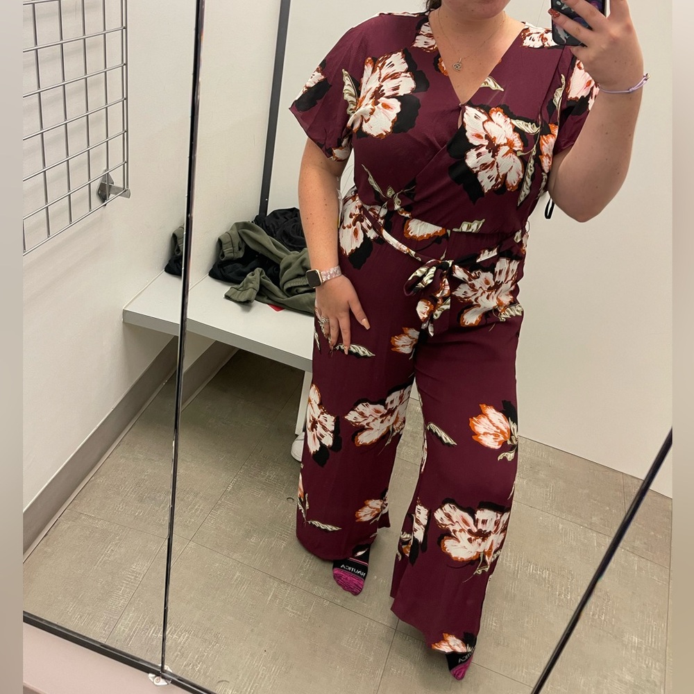 Luxology Red and White Floral Jumpsuit with Flutter Sleeves